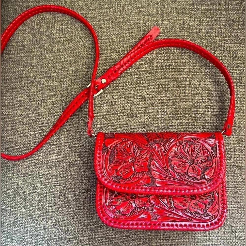 Red Hand Tooled Artisan Made Leather Crossbody NWOT
